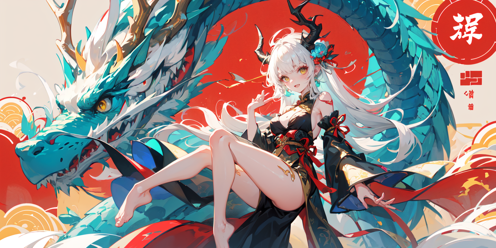 21567-2085367862--Dragon and girl, 1girl, horns, dragon, dress, yellow eyes, green hair, detached sleeves, eastern dragon, long hair, tail, black.png